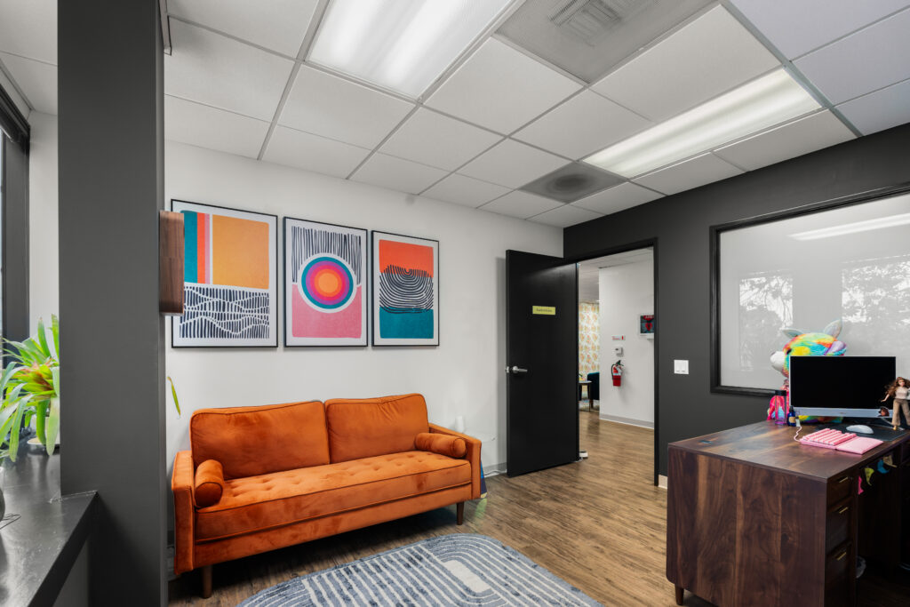 Element Q Healing therapy office in San Diego featuring a private, comfortable seating area with modern decor, used for individual sessions in outpatient mental health and substance use treatment programs (IOP/PHP)