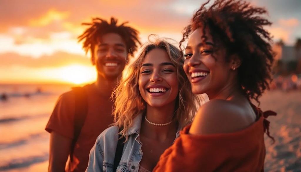 Group of friends smiling on the beach