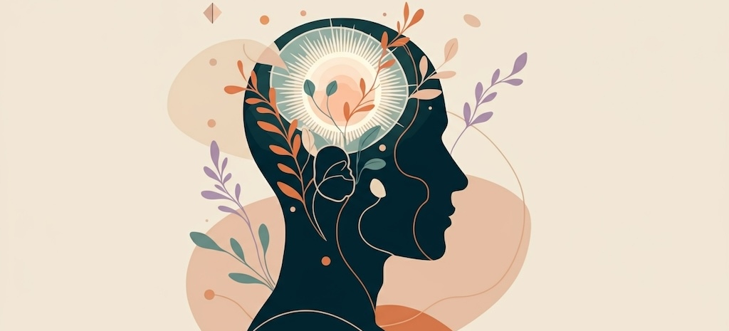 Minimalist flat illustration, vector style with soft pastel colors (teal, peach, cream, earthy orange). Abstract human head silhouette with gentle light radiating inside, surrounded by simple plant motifs and flowing lines to symbolize growth, healing, and mind–body–spirit connection. Clean and calming mental health imagery, uplifting and hopeful.