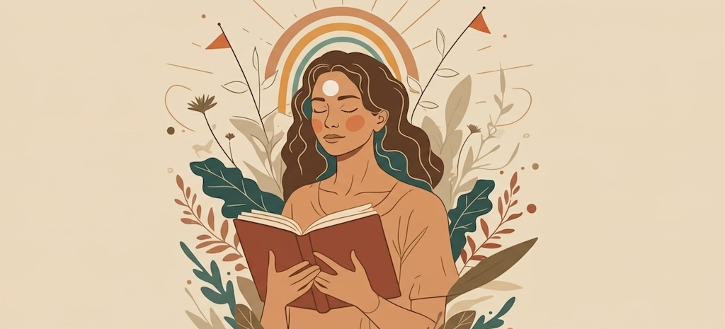 Flat editorial illustration, minimalist vector style with soft pastel colors (teal, peach, cream, earthy orange). A figure stands with eyes closed, holding an open journal, while soft rainbow-colored rays and abstract plants grow outward around them. Subtle symbols of community connection — faint silhouettes in the background reaching out, or small rainbow flags blending into nature — to represent healing, support, and self-acceptance. Clean line art, calm and uplifting aesthetic.