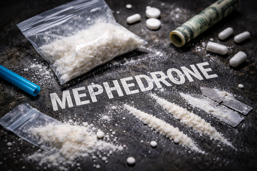 A sample image of what meow meow drug AKA mephedrone looks like: white or off-white powder on a black surface.