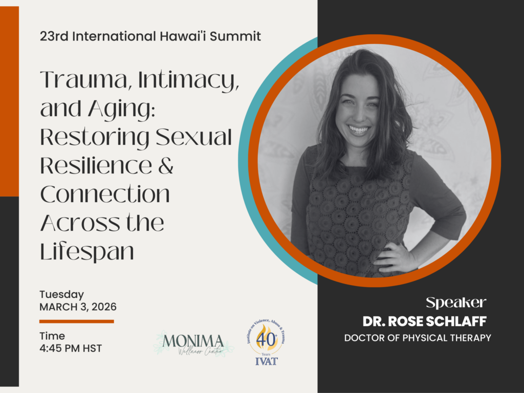 Promotional graphic for the 23rd International Hawaiʻi Summit featuring the session “Trauma, Intimacy, and Aging: Restoring Sexual Resilience & Connection Across the Lifespan,” presented by Dr. Rose Schlaff, Doctor of Physical Therapy, on Tuesday, March 3, 2026 at 4:45 PM HST, with Monima Wellness Center and IVAT logos displayed.