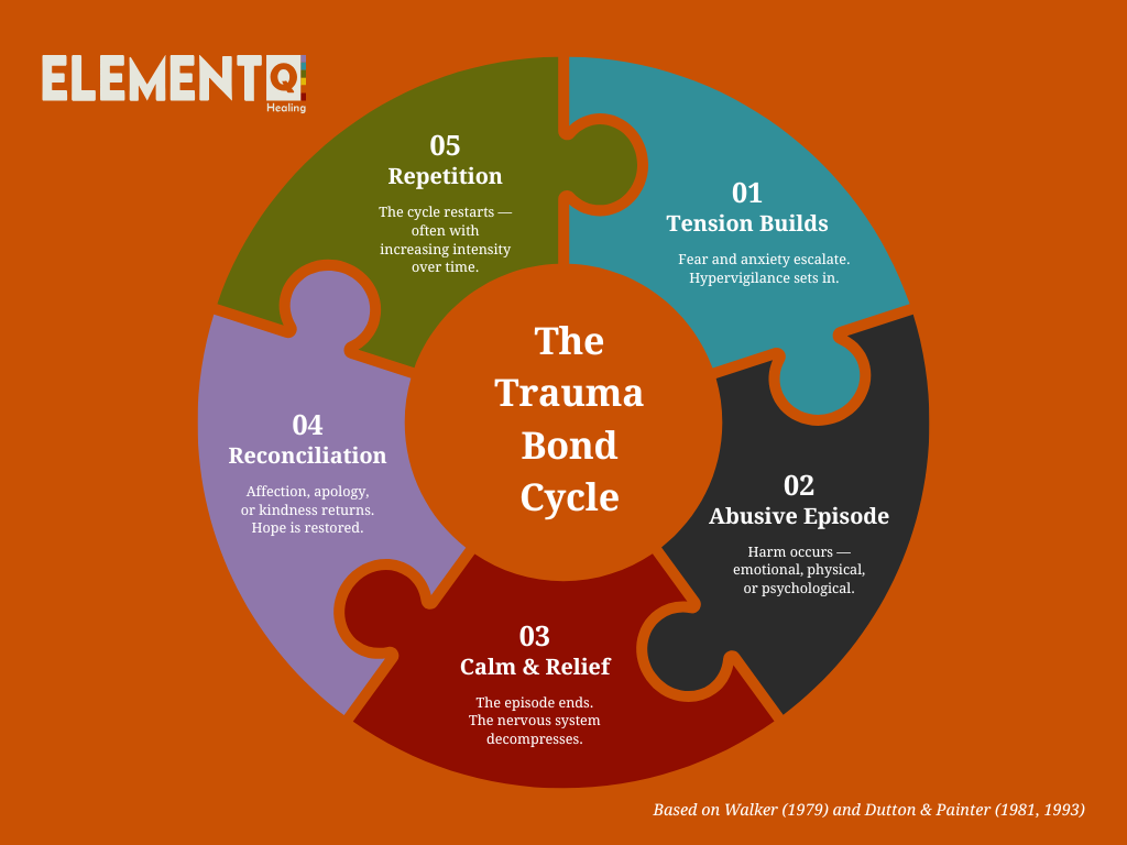 Diagram showing the five stages of the trauma bond cycle — tension builds, abusive episode, calm and relief, reconciliation, and repetition — based on Walker (1979) and Dutton and Painter (1981, 1993). Created by Element Q Healing Center.