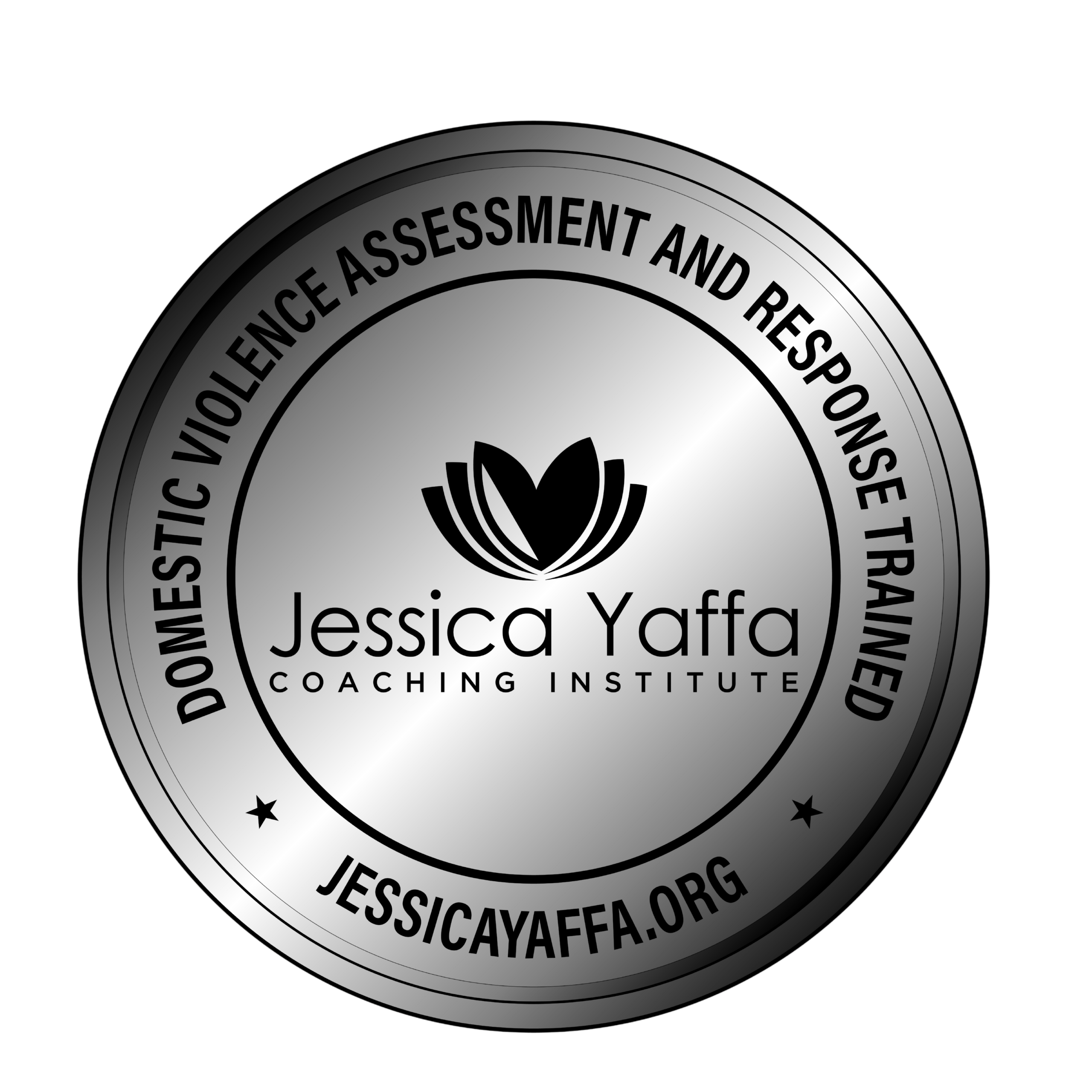 Silver certification-style badge for the Jessica Yaffa Coaching Institute reading “Domestic Violence Assessment and Response Trained” with the Jessica Yaffa Coaching Institute logo in the center and “JessicaYaffa.org” along the bottom border.