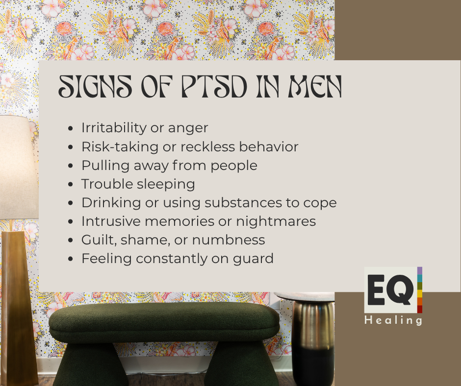 Graphic titled "Signs of PTSD in Men" listing common symptoms including irritability or anger, risk-taking behavior, social withdrawal, trouble sleeping, substance use to cope, intrusive memories or nightmares, guilt or numbness, and feeling constantly on guard. Element Q Healing Center logo displayed in the corner.